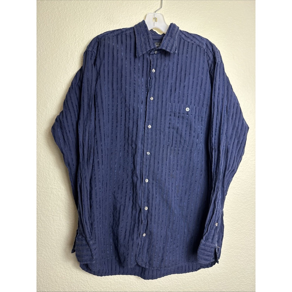 Ike Behar Shirt Mens L Navy Blue Stripe Cotton Long Sleeve Button Up Made in USA